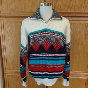 White Stag Mens Vintage 80's Quarter Zip Sweater Xlg Striped Geo Pullover